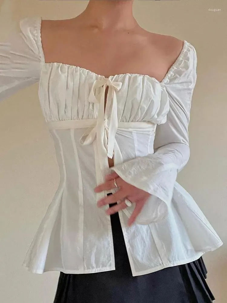 女性のブラウス2023女性用シックな白いシャツフレア長袖プリーツスクエアネックボウノットドレストップカジュアルエレガント