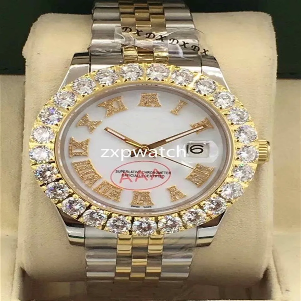 Zestaw Diamond zegarek luksusowe mężczyzn oglądają automatyczne 43 mm mężczyzn Silver Gold Dwucie biała twarz Zestaw ze stali nierdzewną 296S