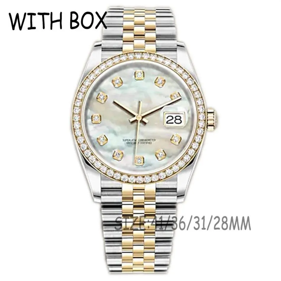 Męskie automatyczne zegarki mechaniczne 41 36 31 28 mm Diamentowa ramka Perła twarz Luminous Waterproof Gold Watch Montre de Luxe Dropshippin203y