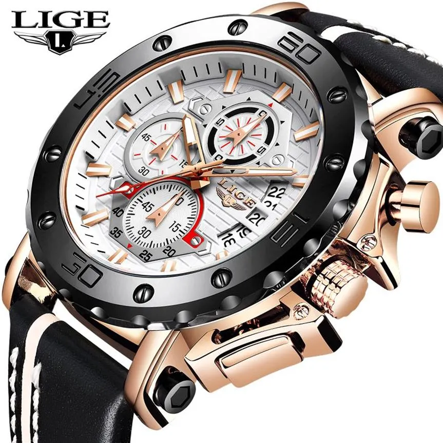 Лучший бренд LIGE, мужские часы, модные спортивные кожаные часы, мужские роскошные часы с датой, водонепроницаемый кварцевый хронограф, Relogio Masculino Box 210310271u