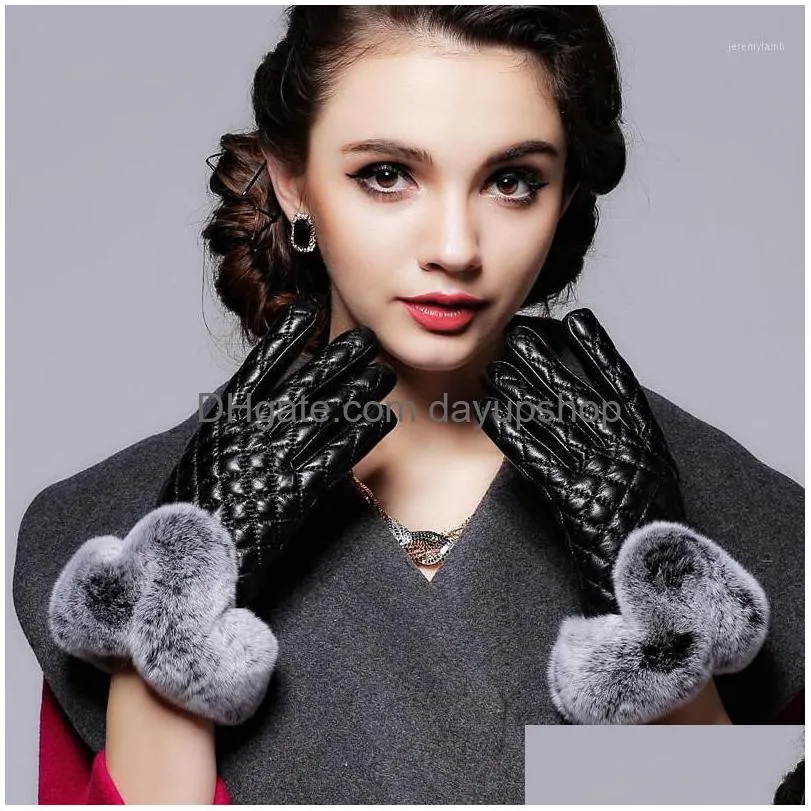 Women Winter Genuine Leather Thin Gloves Female Plaid Knitted Evening Show