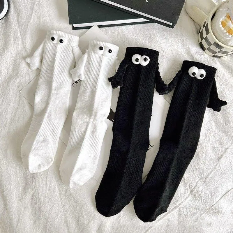 Women Socks Wholesale Funny Magnetic With Hands Men Fashion Black White Cute Cartoon Eyes Couple Mid-tube Cotton Sock Gift