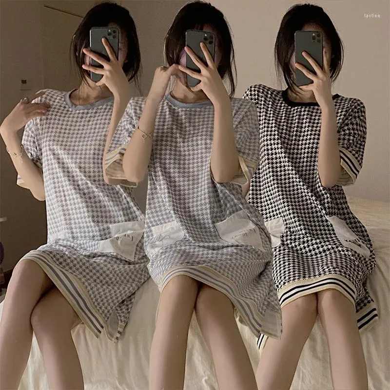 Women's Sleepwear 2023 Summer Short Sleeve Casual Plaid Cotton Nightgowns For Women Korean Loose Home Dress Night Gown Nightdress Nighty