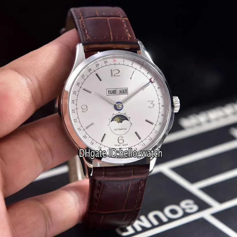Relógios masculinos marca de luxo barato patrimônio grande data u0112538 mostrador branco fase da lua automática 0112538 relógio masculino caixa de aço marrom lea2359