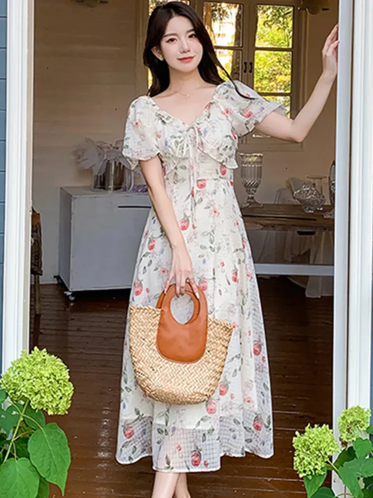 Ruffle Shirts For Women: Chic V Neck Floral Dress With Puff