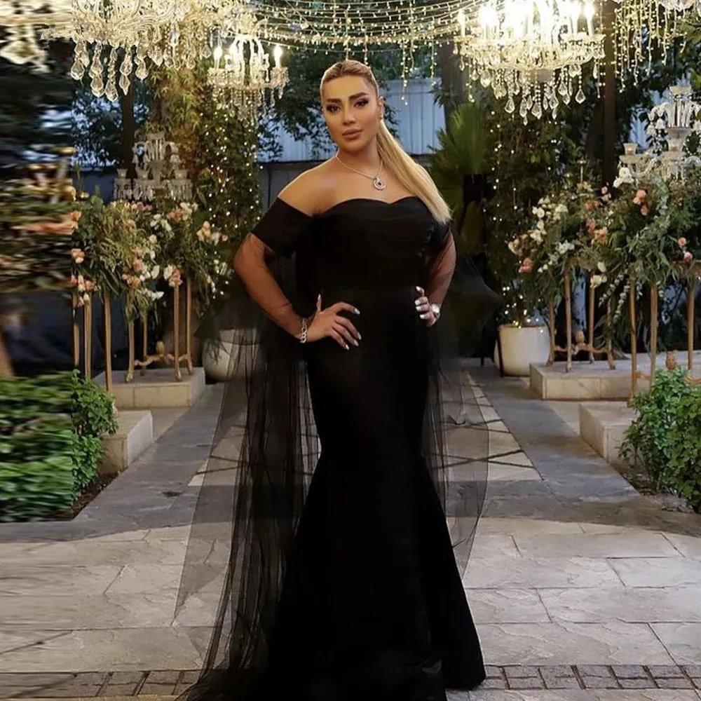 Sexy Black Off the Shoulder Mermaid Evening Dresses Satin Short Sleeves Tulle Long Prom Gowns Party Formal Dress Robe De Soiree