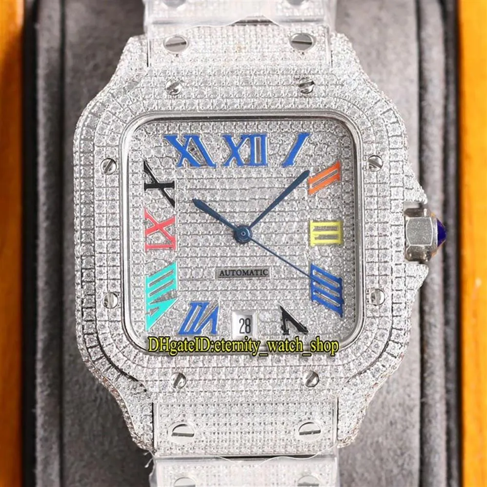 2021 TWF SA0018 Paved Diamonds ETA A2824 Automatik-Herrenuhr, vollständig vereister Diamant-Regenbogen-Römisches Zifferblatt, 316L-Edelstahlarmband, 260P