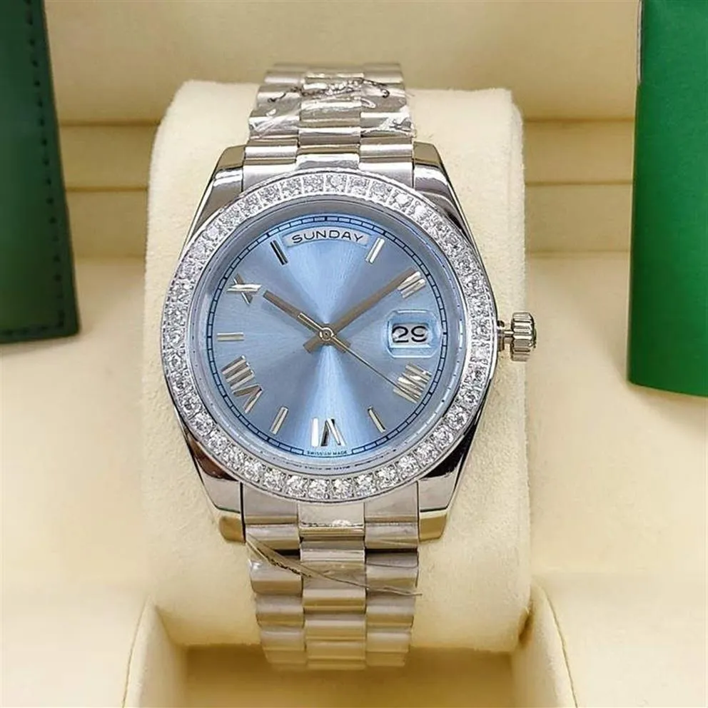 Montre automatique pour hommes, classique, romaine, cadran bleu glace, lunette en diamant de 41mm, boucle pliante en acier inoxydable, étanche, 267Z