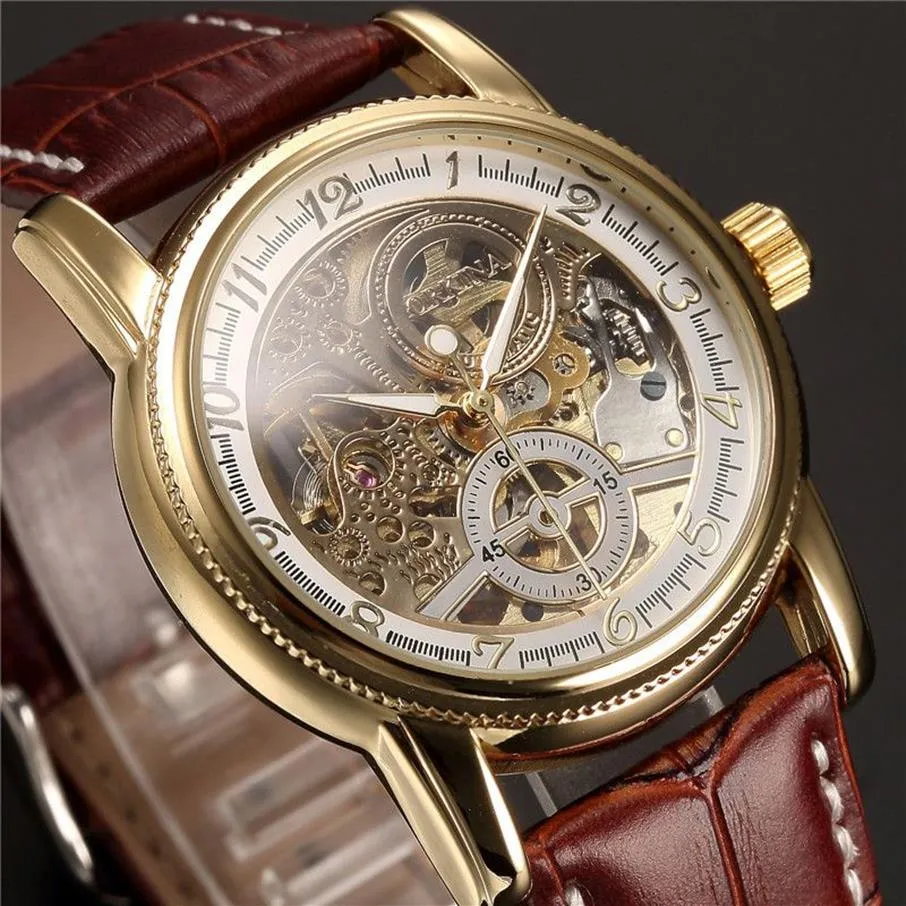 男性の手首は豪華なゴールデンスケルトンメカニカルスチームパンク男性時計自動腕時計レザーストラップヘレンホーログJ190702470