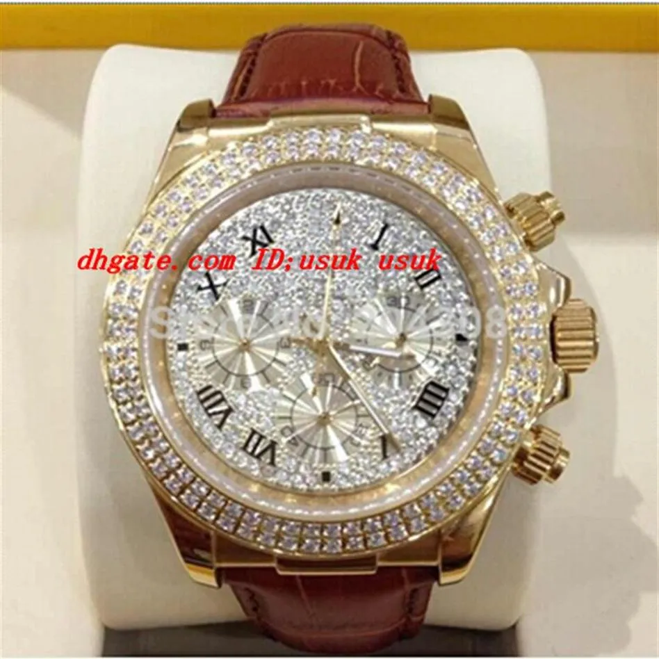 Brand New Men Watch 18k Yellow Gold Pave Diamond Dial 116509 Automatic mechanical movement leather Strap With Gift box296p