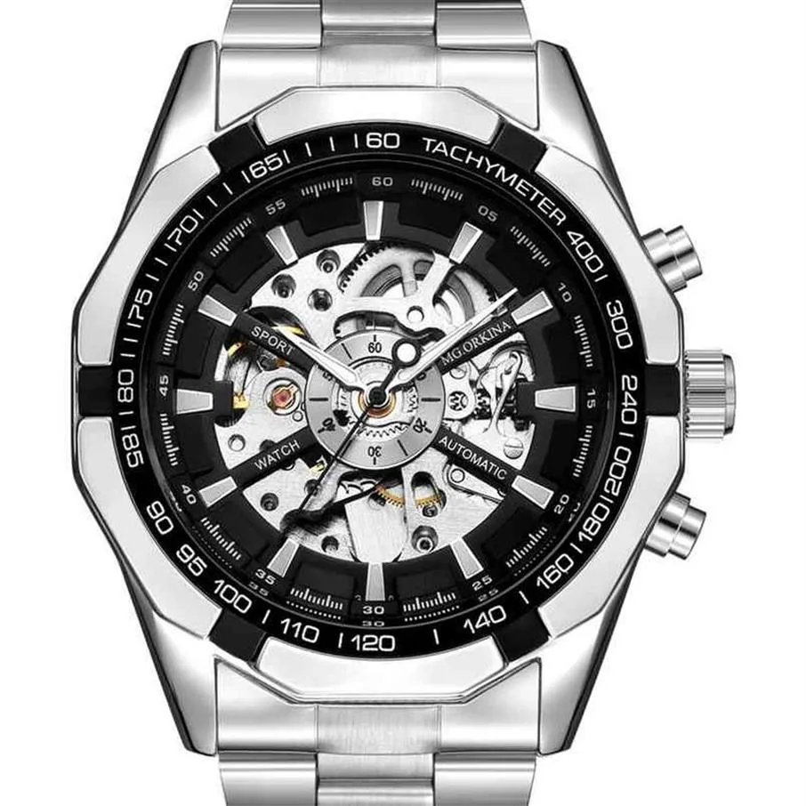 ORKINA Argent En Acier Inoxydable Classique Designer Hommes Squelette Montres Top Marque De Luxe Transparent Mécanique Montre-Bracelet 2107257m