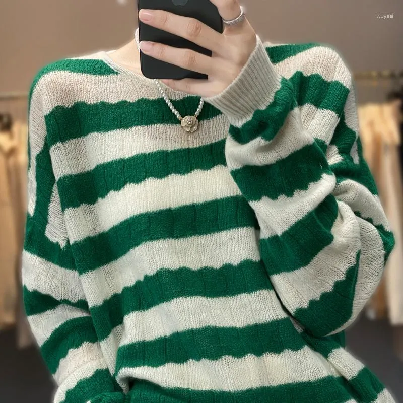 Women's Sweaters Autumn Winter Women Wool Sweater Shirt Ladies O-Neck Stripe Stitching Loose Pullover Casual Knit Soft Tops