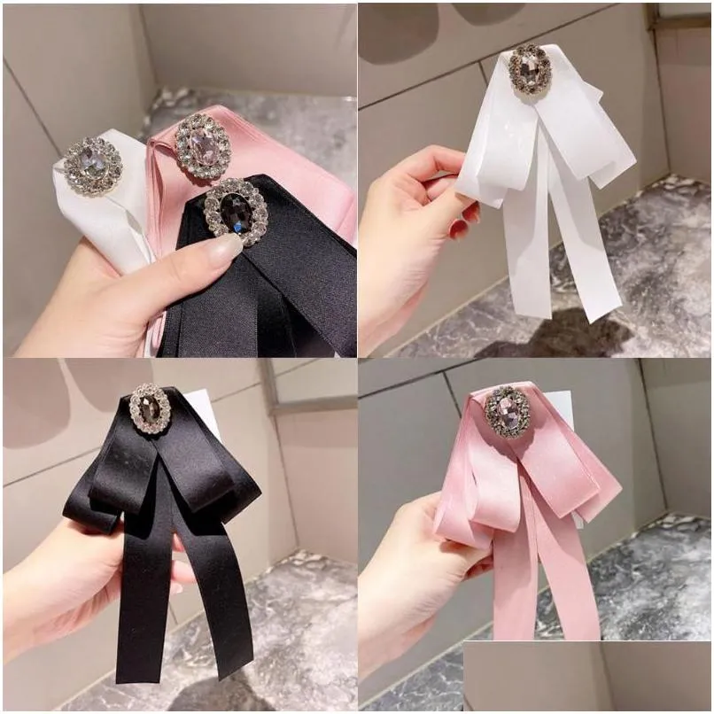 Pins Brooches Korean Ribbon Bow Tie For Women Crystal Collar Shirt Dress Brooch Necktie Ladies Fashion Jewelry Clothing Accessories Dr Dhryq