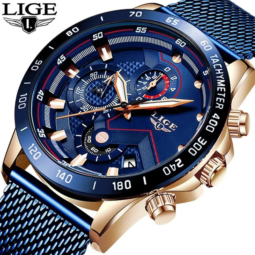 2019 LIGE New Mens Casual Watch For Men Date Quartz Wrist Watches Sport Chronograph Fashion Blue Mesh Belt Watch Relojes Hombre258g