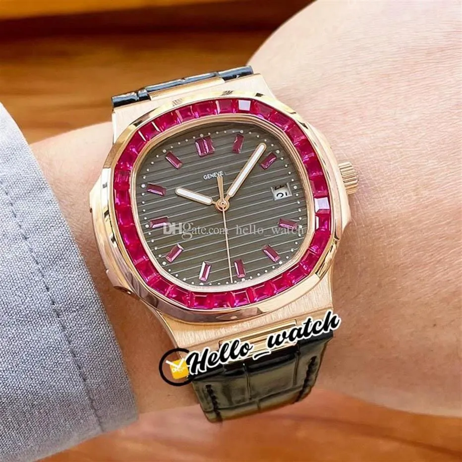 40mm New Sport 5711 113P-01 5711 Orologio automatico da uomo Quadrante con texture grigia Lunetta con diamanti rossi rosa Cassa in oro rosa Cinturino in pelle da uomo 279S