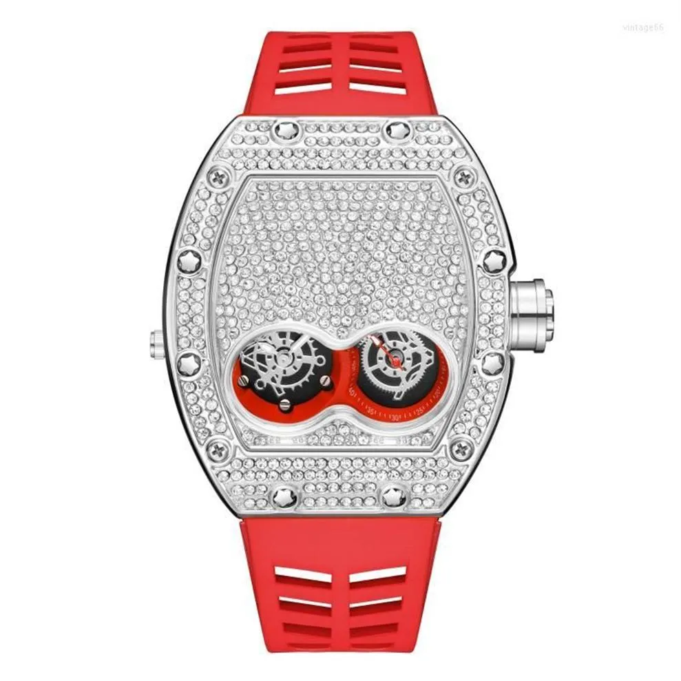 Relógios de pulso Pintime Original Luxo Full Diamond Iced Out Watch Bling-Ed Rose Gold Case Vermelho Silicone Strap Quartz Relógio para Men237L