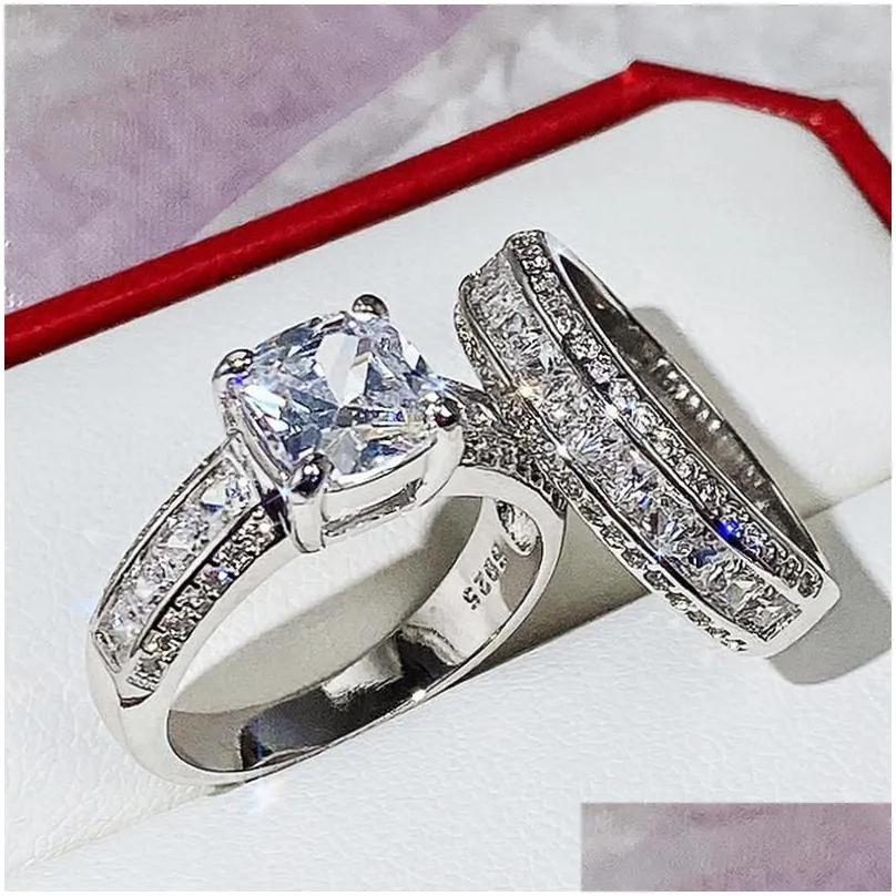 Anneaux Huitan Magnifique Engagement Féminin À La Mode Ensemble Avec Des Bandes De Style Moderne En Cristal Brillant Délicat Bijoux Intemporels Drop Livraison Dhbjw