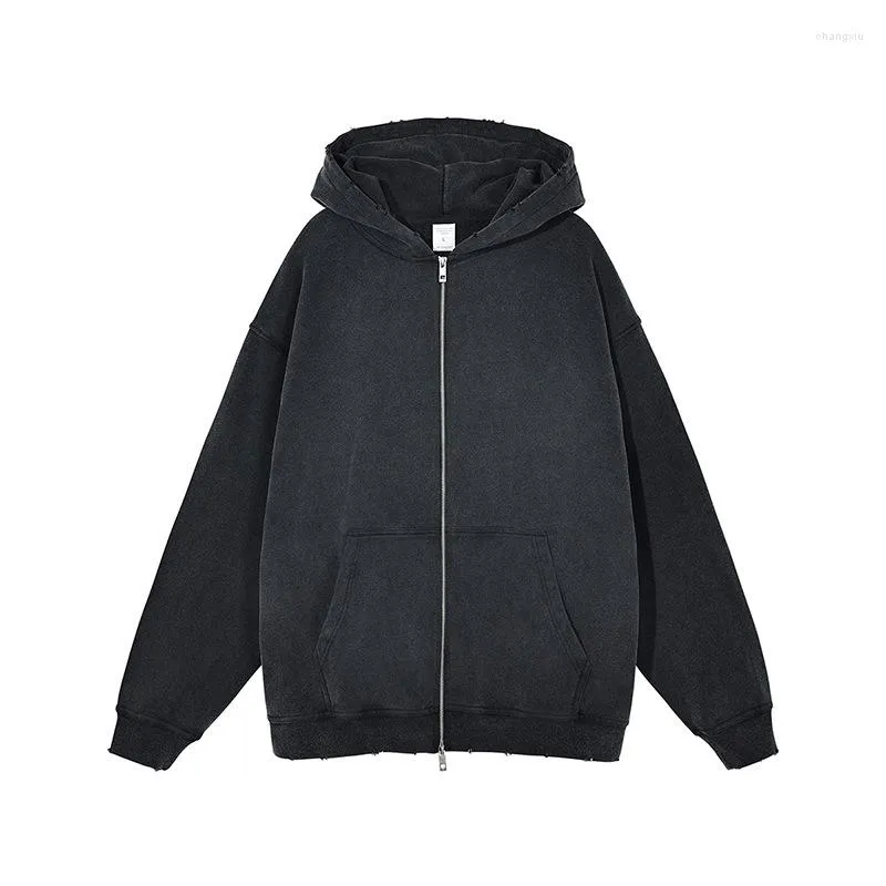 Herr hoodies high street retro tvättade svarta zip hoodie jackor för män och kvinnor tomma harajuku överdimensionerade skadade casual tröjor huva