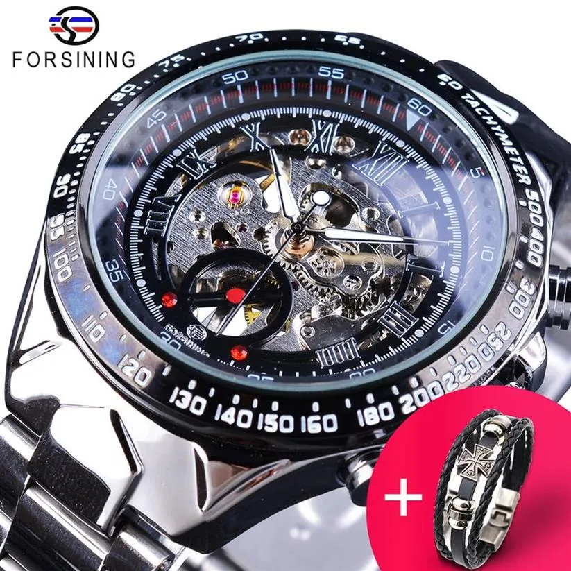 Forsining Watch Bracelet Set Combination Transparent Silver Steel Band Mechanical Skeleton Sport Wrist Watches Men Brand Clock192w