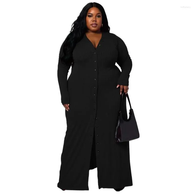 Plus Size Jurken Wsfec XL-5XL Vrouwen Kleding Lange Mouw Knop Rab Effen Kleur Split Herfst Vrouwelijke Outfits Casual Groothandel