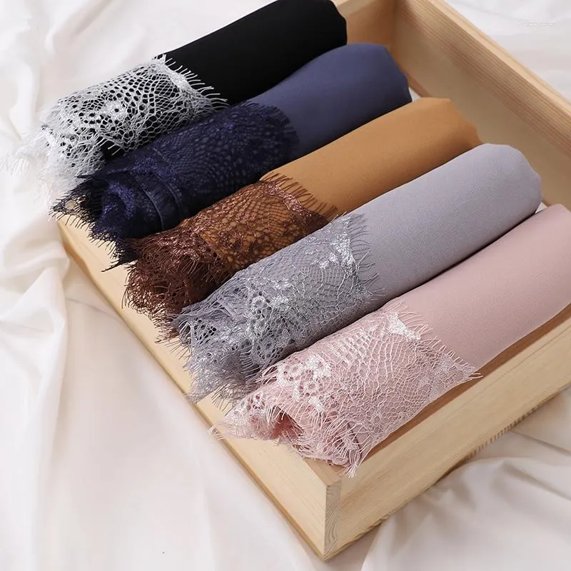 Ethnic Clothing Wedding Style Muslim Soft Lace Hijab Islamic Plain Scarf Premium Chiffon Shawl Turban Head Wraps Headband Foulard