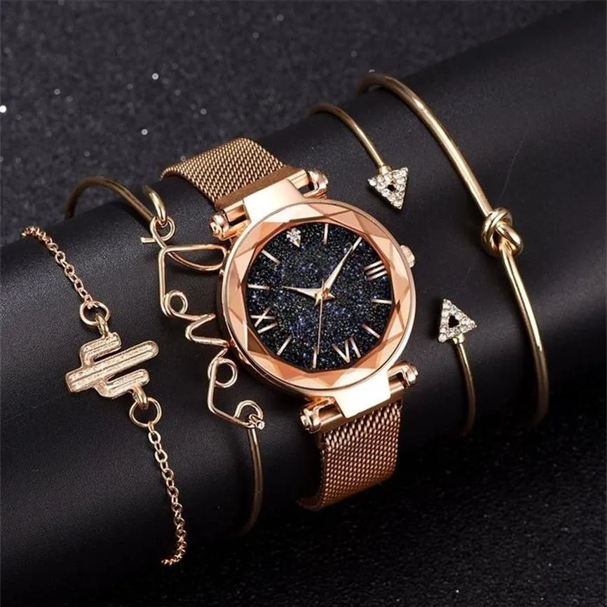 Bransoletka modowa zegarek kobietom 5 szt. Zestaw luksusowy Rose Gold Lady Watches Starry Sky Magnet Buint Watch dla kobiet 201204223Q