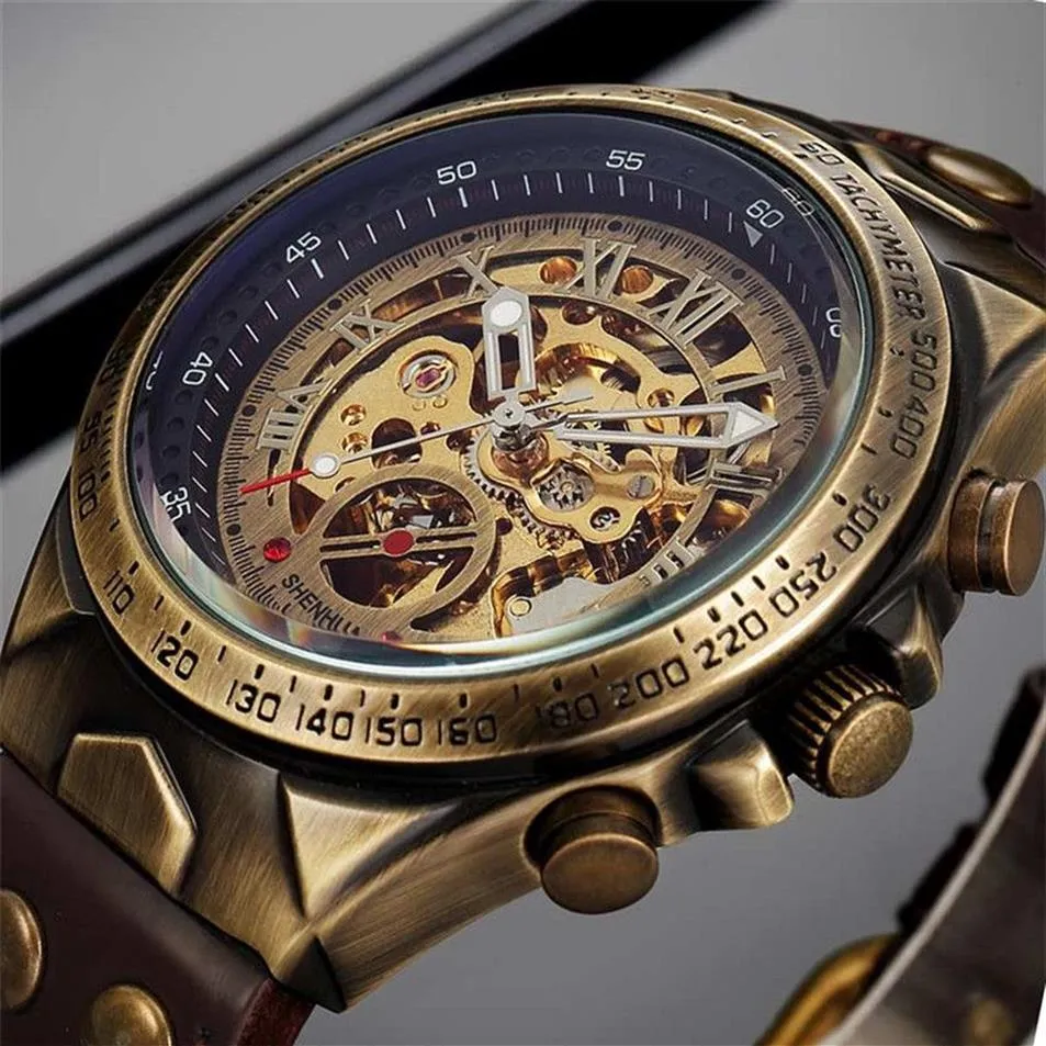 Männer Uhr Skeleton Automatische Mechanische Männliche Uhr Top Marke Luxus Retro Bronze Sport Militär Armbanduhr Relogio Masculino J1907230U