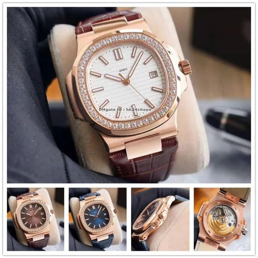 Högkvalitativa klockor yr 5713 40mm Nautilus Diamond Bezel Rose Gold Cal 324 Autoamtic Mens Watch Blue Brown Vit Dial Leather Stra251U