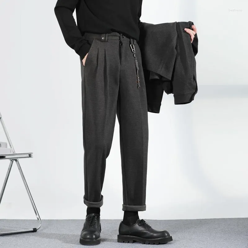 Premium Woolen Belt Cuffed Pants For Men Slim Fit, Casual, Autumn
