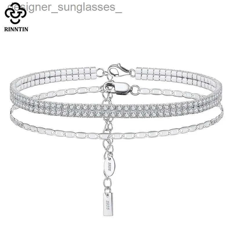 Anklets Rinntin 925 Sterling Silver Italian Spark Mirror Link Chain 2 Rows Tennis Anklet for Women Foot Armband Ankel Smycken SSA03L231004