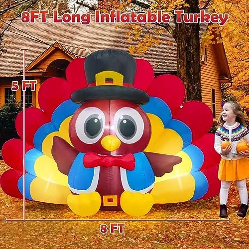 6FT Thanksgiving Inflatables Turkey Outdoor Decorations with LED Lighted Colorful Big Tail