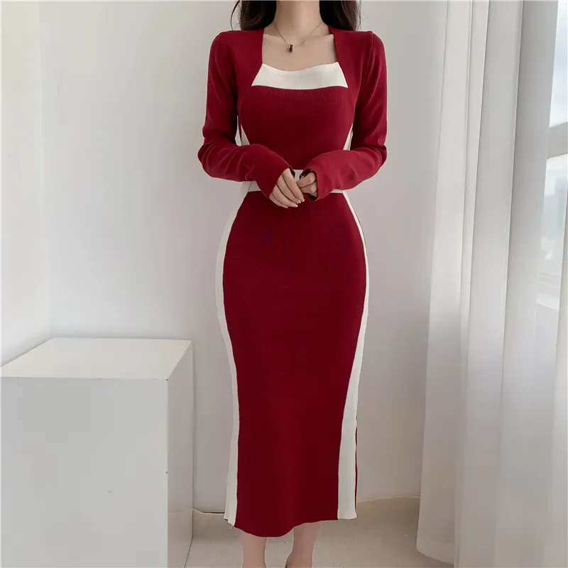 Basic Casual Dresses New Autumn Winter French Long Sleeve Black White Color Matching Sweater Dress Women Slim Waist Celebrity Knit Long Dress 2024