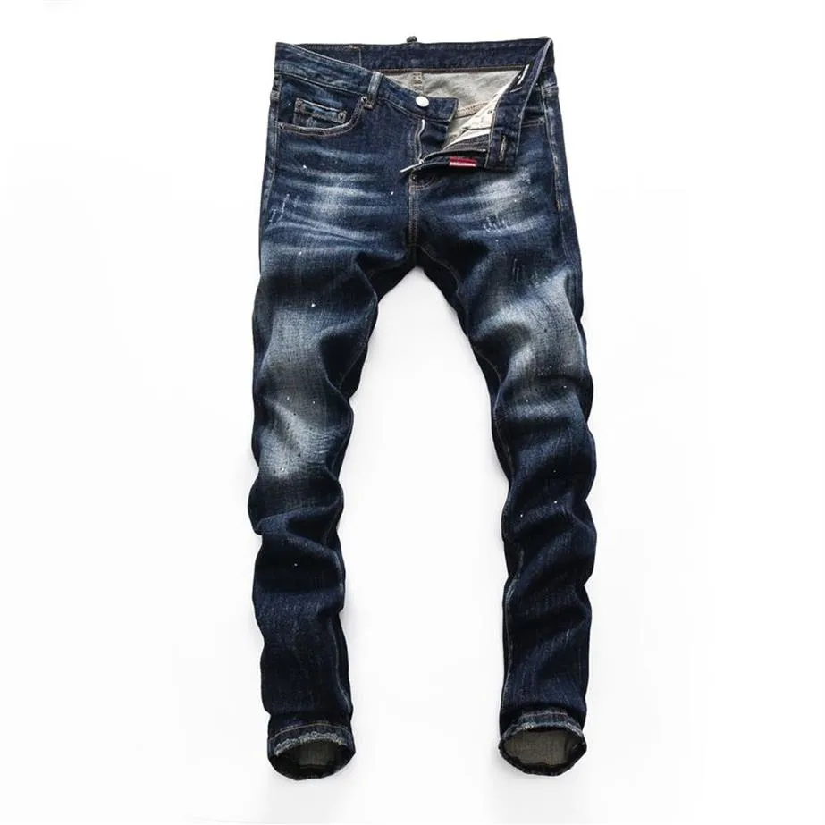 Jeans pour hommes Stree Dsquare Mode Street People Style Moto Cowboy Pantalon Déchiré Loisirs Mince Jet D'encre DMen's238F