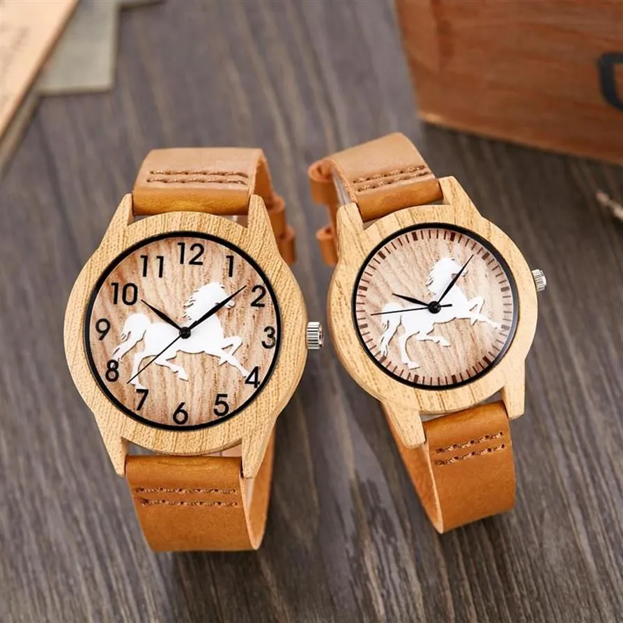 Montres-bracelets 1 paire montre en bois hommes autruche cerf montre-bracelet imitation imiter boîtier en bois quartz bracelet en cuir souple femmes amant Wri246f