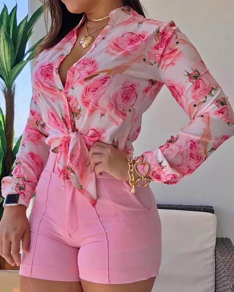 Camicette da donna Camicie rosa Maniche lunghe da donna Luxery Chic Stampato floreale con nodo a cravatta Pantaloni casual Nuova primavera Autunno Donna Set da 2 pezzi