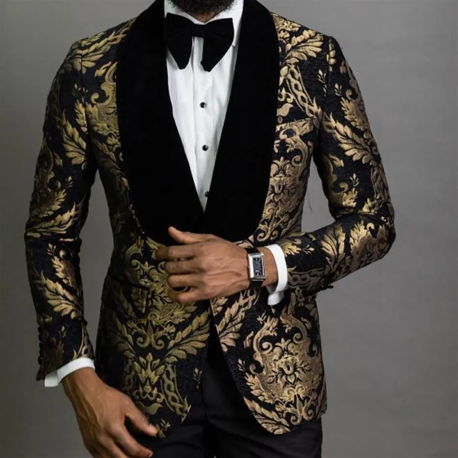 Gold Jacquard Men Suits Shawl Lapel Slim Fit Groom Tuxedo Male Fashion Prom Compuume Blazer Vest With Pants Men's Blazers283k