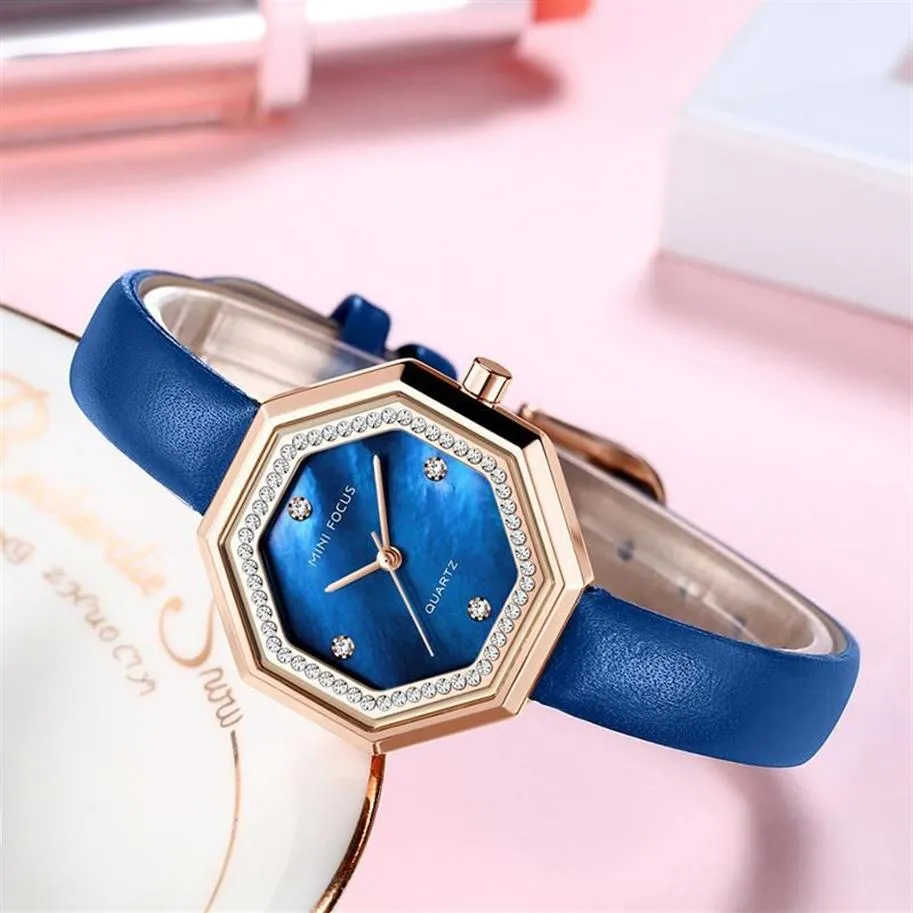 Montres-bracelets Femmes Cuir Strass Montre Argent Bracelet Quartz Étanche Lady Business Analog Montres Rose Cadran Bleu Whatches263k