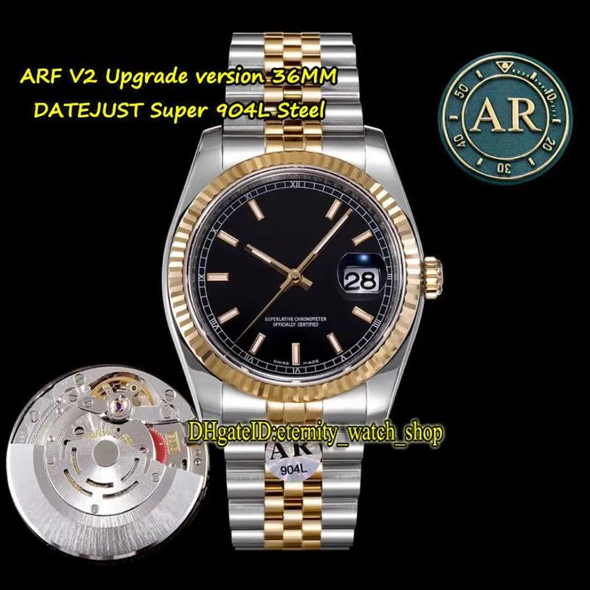 V2 Versão ARF DateJust 36mm 116233 904L Caixa de aço Cal 3135 Automático 126233 126234 Mens Watch Black Dial Two Tone Jubilie Strap 244x