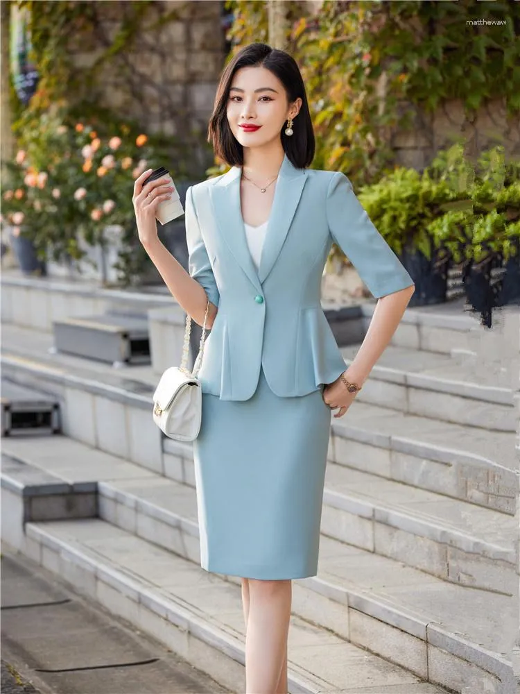 Tvådelklänning Spring Summer Kirt Suit Set For Women Short Sleeve Ruffle Blazer Top Midi Office Ladies 2 Work Wear Elegant Suits