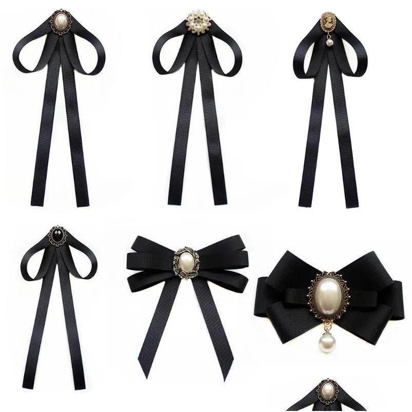 Pins broches imitação de fita de pérola pino laço vintage pré-amarrado colar jóias bowknot camisa gravata clipe para mulheres meninas p drop del dhplu