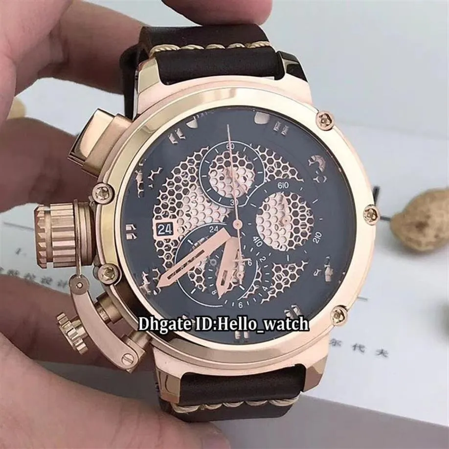 Tani lewy pod ręką 50 mm U51 U-51 szkielet czarny kwarc chronograf męski zegarek Chimera 7474 Rose Gold Skórzany Paski Sport270k