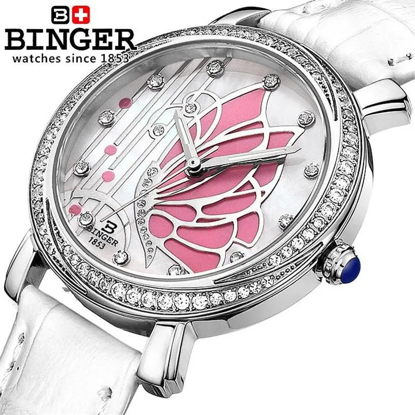 Svizzera Binger Orologi da donna Moda Orologio di lusso Cinturino in pelle Quarzo Farfalla Orologi da polso con diamanti B-3019L223e