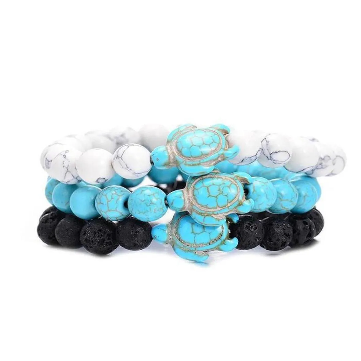 Braccialetti con perline di tartaruga marina stile estivo con perline per donna Uomo Classico 8mm Bracciale di amicizia elastico con pietra lavica turchese Beach Drop D Dhk8T