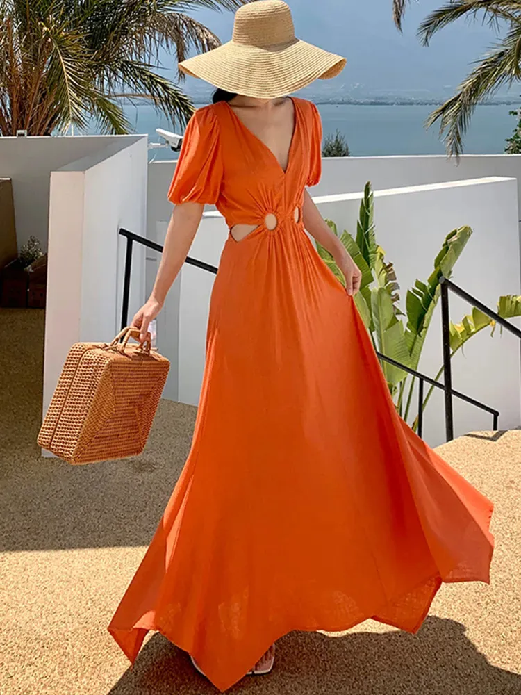 Robes décontractées de base Robe longue orange sexy à col en V pour femmes d'été à manches courtes bouffantes taille creuse robes de vacances haut de gamme Robe 2024