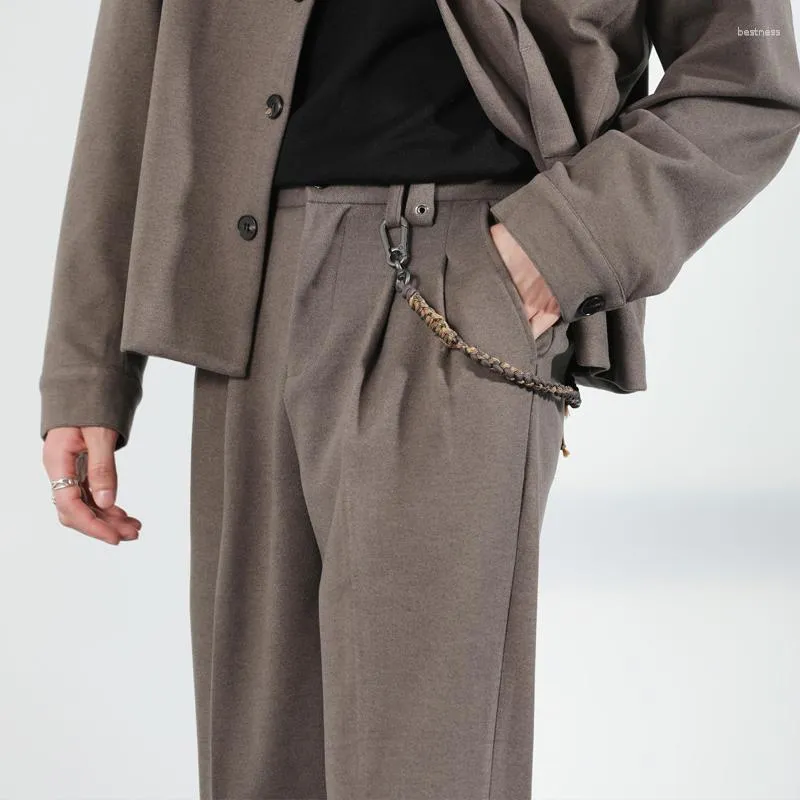 Premium Woolen Belt Cuffed Pants For Men Slim Fit, Casual, Autumn