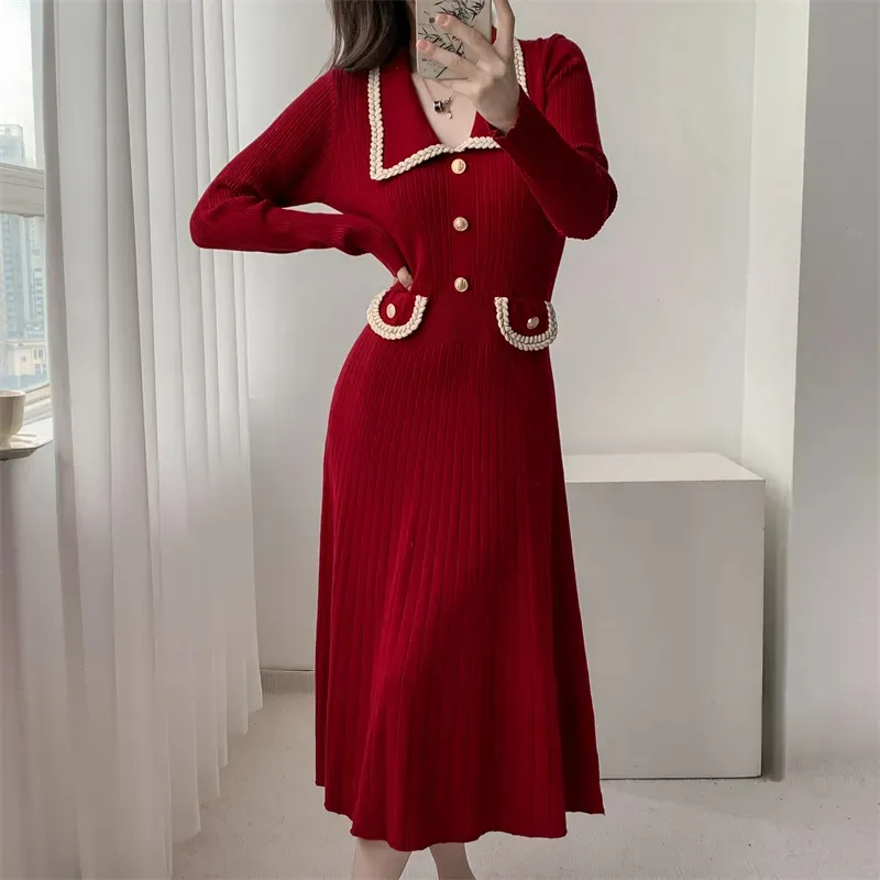 Basic Casual Dresses French Small Fragrant Style Long Sleeved Knitted Dress Women Autumn Winter Slim Temperament Mid-Length Christmas Sweater Dress 2024