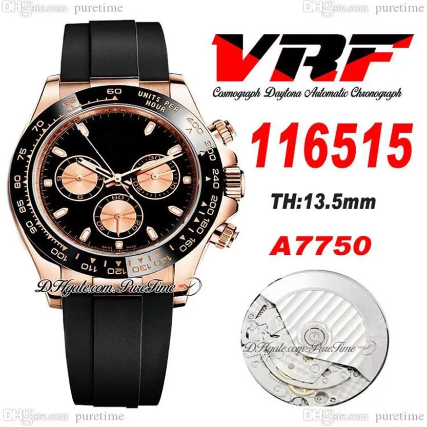 VRF 11651 A7750 Automatik-Chronograph-Herrenuhr, 18 Karat Roségold, 904L-Stahl, schwarzes Stcik-Zifferblatt, Oysterflex-Armband, Kautschuk, Super Edition S207P