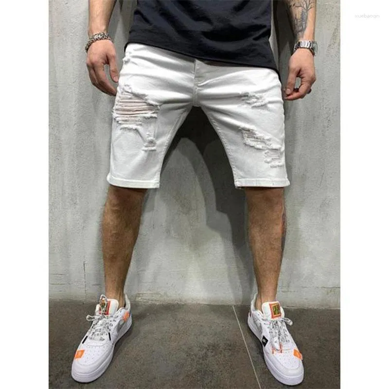 Jeans masculinos 2023 verão shorts homens calças jeans estiramento branco design de moda rasgado magro masculino curto hombre