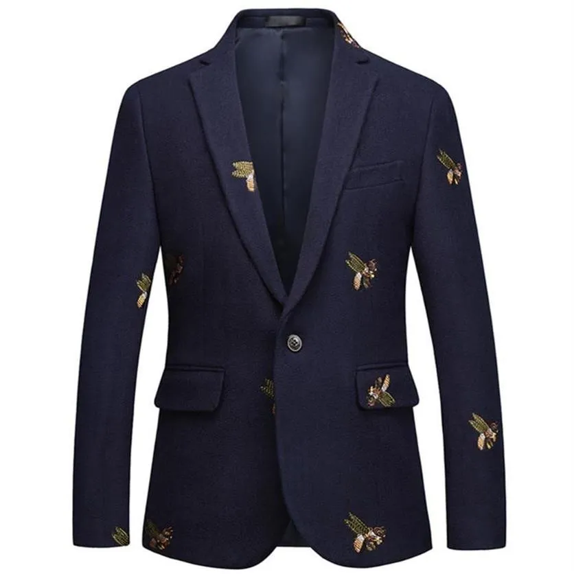 Haft pszczoły Blazer Slim Fit Masculino Abiti Uomo Wedding Prom Tweed wełna dla mężczyzn Stylowa kurtka marynarska 266H