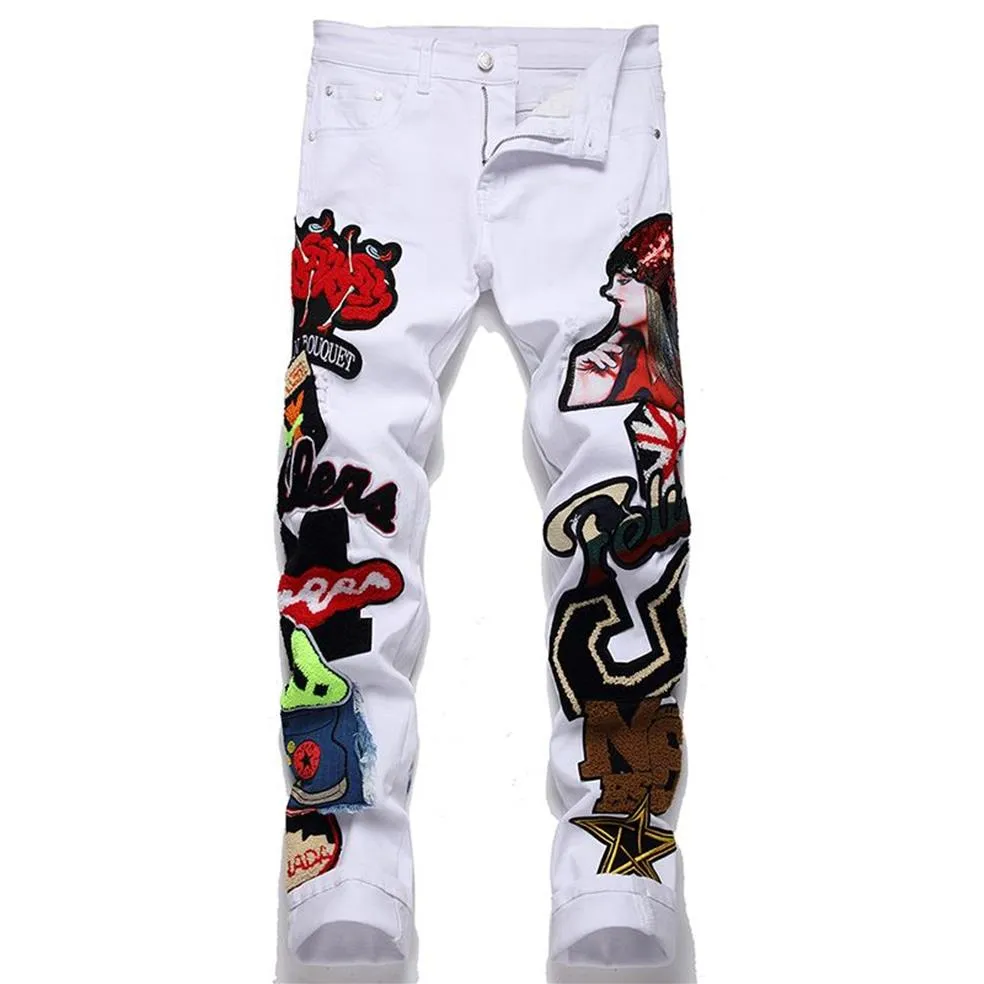 Pantalones vaqueros ajustados Punk de primavera para hombre, pantalones vaqueros de algodón bordados de otoño, pantalones casuales de cintura media urbana a la moda, Vaqueros Hombre2333